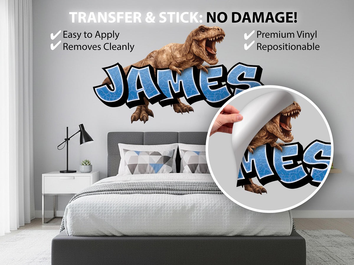 Personalized Dinosaur Name Wall Decal, Custom T-Rex Kids Name Sign, Dinosaur Wall Decor for Boys Room, Jurassic Dino Name Sticker
