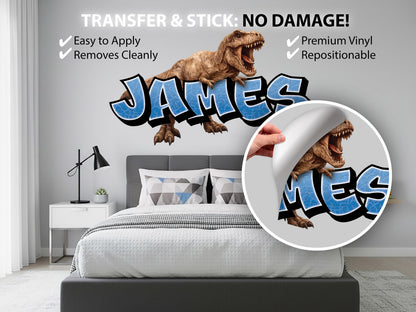 Personalized Dinosaur Name Wall Decal, Custom T-Rex Kids Name Sign, Dinosaur Wall Decor for Boys Room, Jurassic Dino Name Sticker