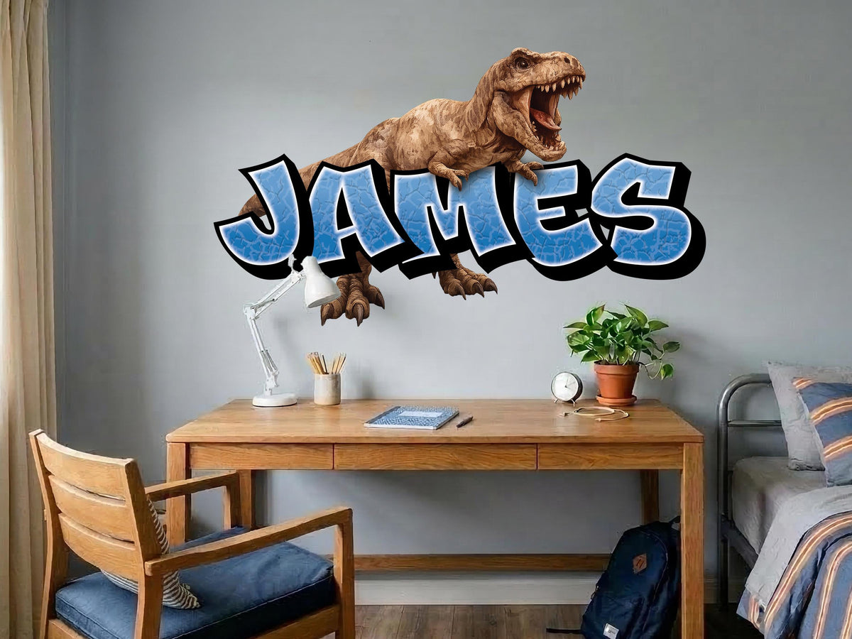 Personalized Dinosaur Name Wall Decal, Custom T-Rex Kids Name Sign, Dinosaur Wall Decor for Boys Room, Jurassic Dino Name Sticker