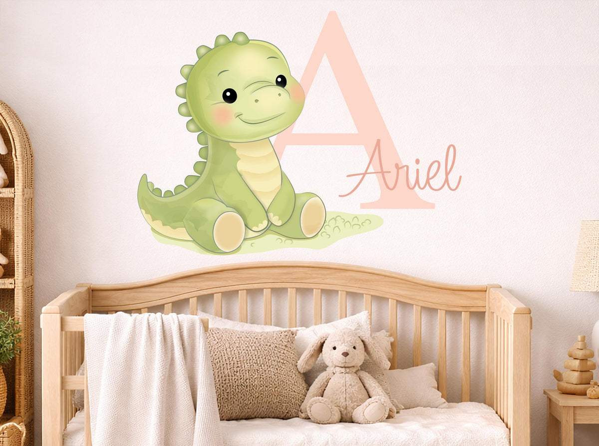 Personalized Dinosaur Name Wall Decal, Baby Boy Nursery Wall Decor, Custom Dino Initial Sticker, Toddler Room Decor, Painted Look Wall Art