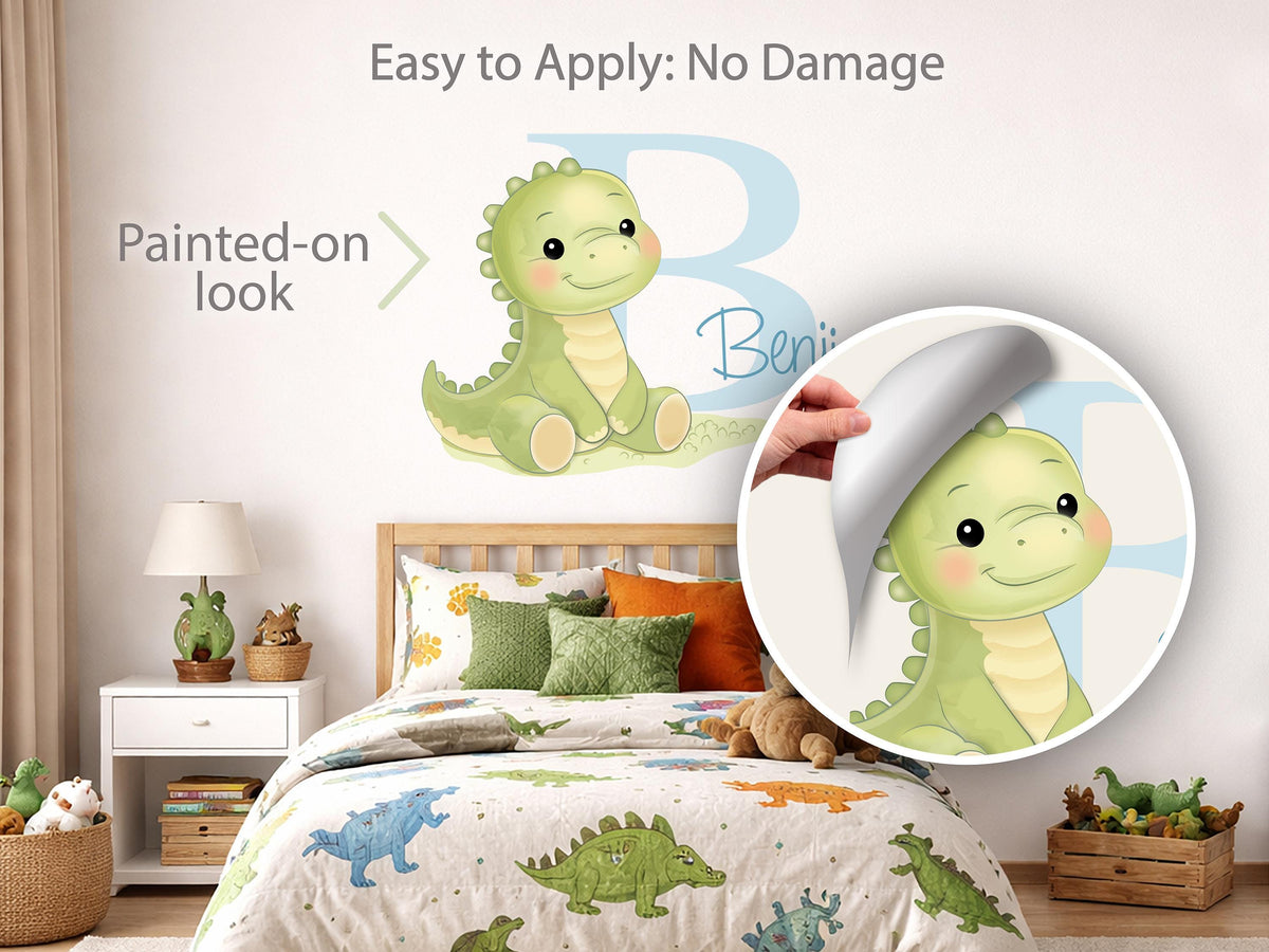 Personalized Dinosaur Name Wall Decal, Baby Boy Nursery Wall Decor, Custom Dino Initial Sticker, Toddler Room Decor, Painted Look Wall Art