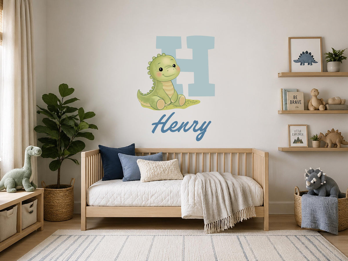 Personalized Nursery Name Wall Decal, Custom Baby Name Wall Sticker, Dinosaur Nursery Decor, Boys Room Name Sign, Kids Wall Art