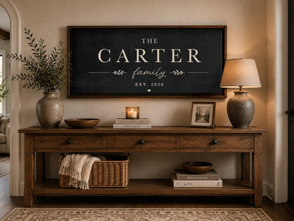 Personalized Family Name Sign | Dark Neutral Family Wall Art | Framed Last Name Canvas | Fireplace Decor | Rustic Modern Home Decor