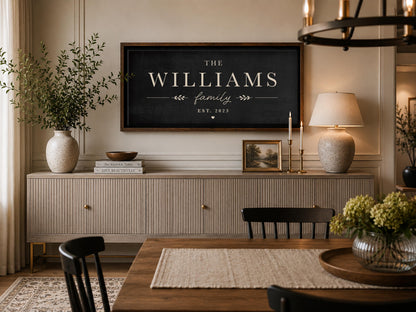 Personalized Family Name Sign | Dark Neutral Family Wall Art | Framed Last Name Canvas | Fireplace Decor | Rustic Modern Home Decor
