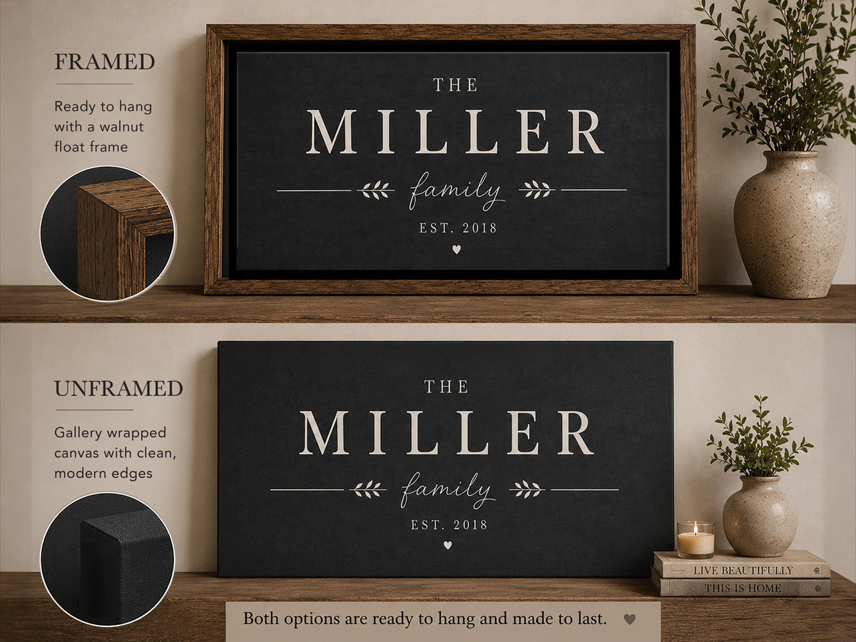 Personalized Family Name Sign | Dark Neutral Family Wall Art | Framed Last Name Canvas | Fireplace Decor | Rustic Modern Home Decor