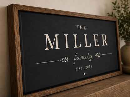 Personalized Family Name Sign | Dark Neutral Family Wall Art | Framed Last Name Canvas | Fireplace Decor | Rustic Modern Home Decor