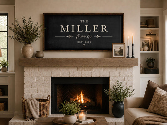 Personalized Family Name Sign | Dark Neutral Family Wall Art | Framed Last Name Canvas | Fireplace Decor | Rustic Modern Home Decor