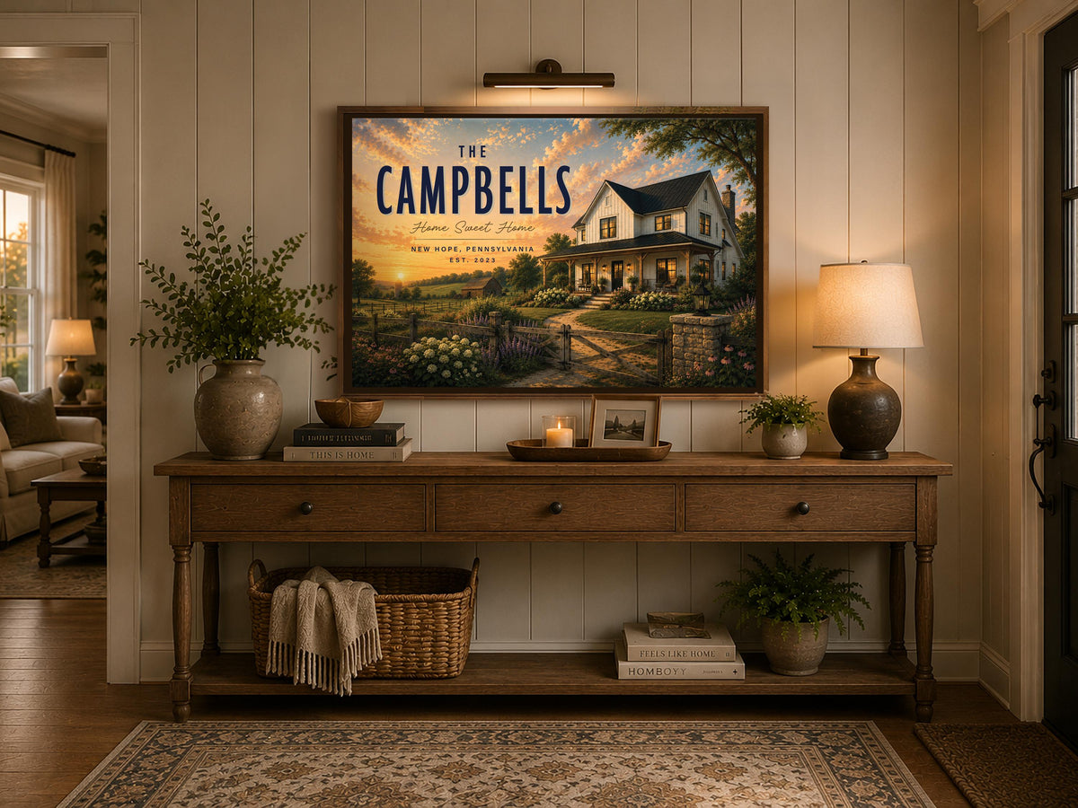 Custom House Portrait Canvas, Personalized Home Art, Family Name Sign, Housewarming Gift, Custom Home Illustration, Framed Wall Art
