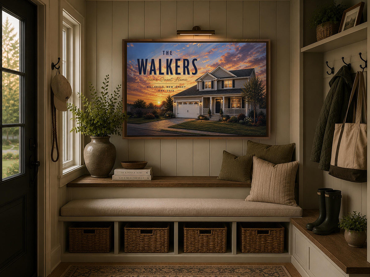 Custom House Portrait Canvas, Personalized Home Art, Family Name Sign, Housewarming Gift, Custom Home Illustration, Framed Wall Art