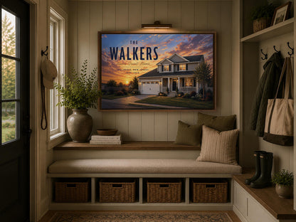 Custom House Portrait Canvas, Personalized Home Art, Family Name Sign, Housewarming Gift, Custom Home Illustration, Framed Wall Art