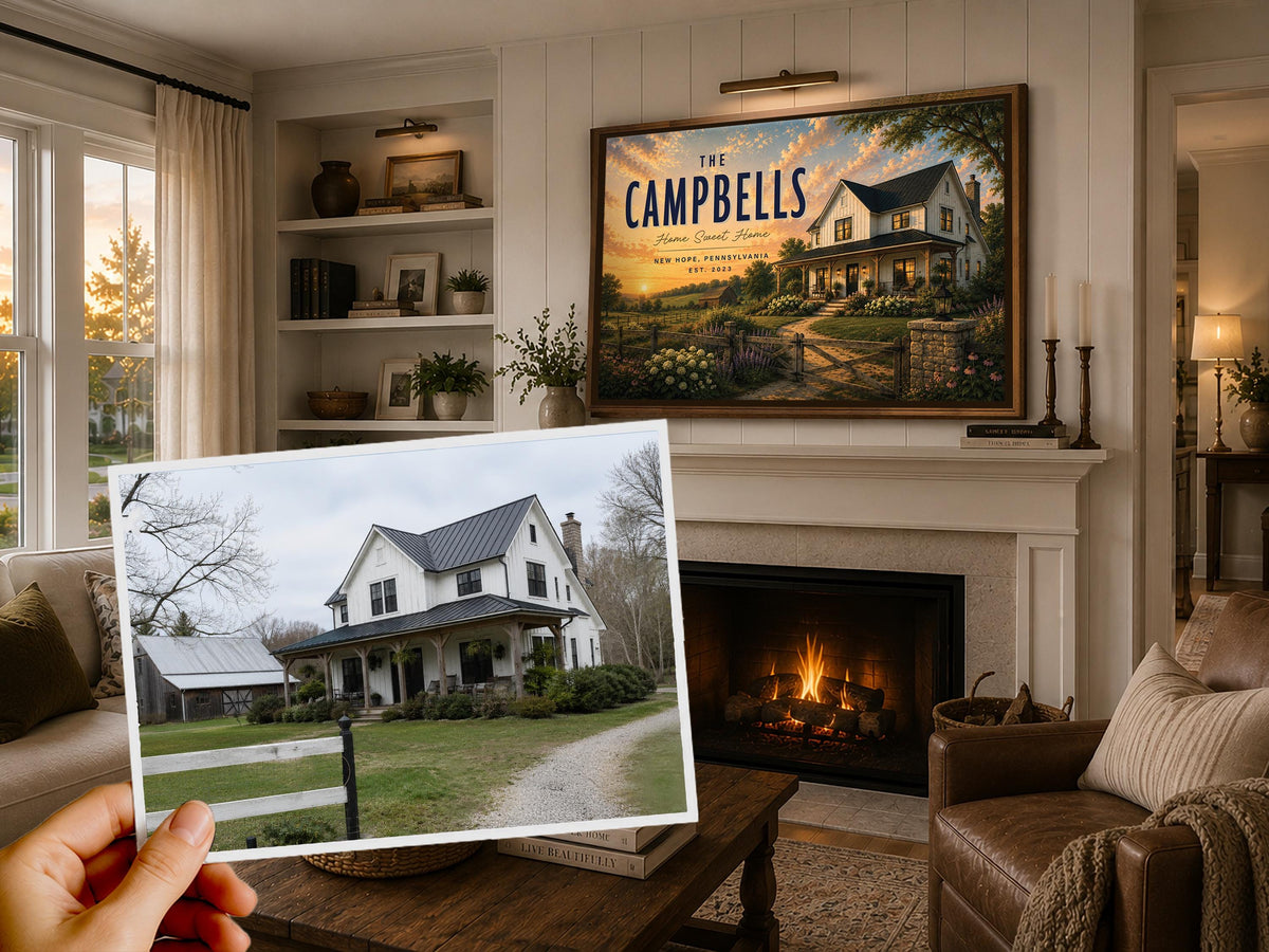 Custom House Portrait Canvas, Personalized Home Art, Family Name Sign, Housewarming Gift, Custom Home Illustration, Framed Wall Art