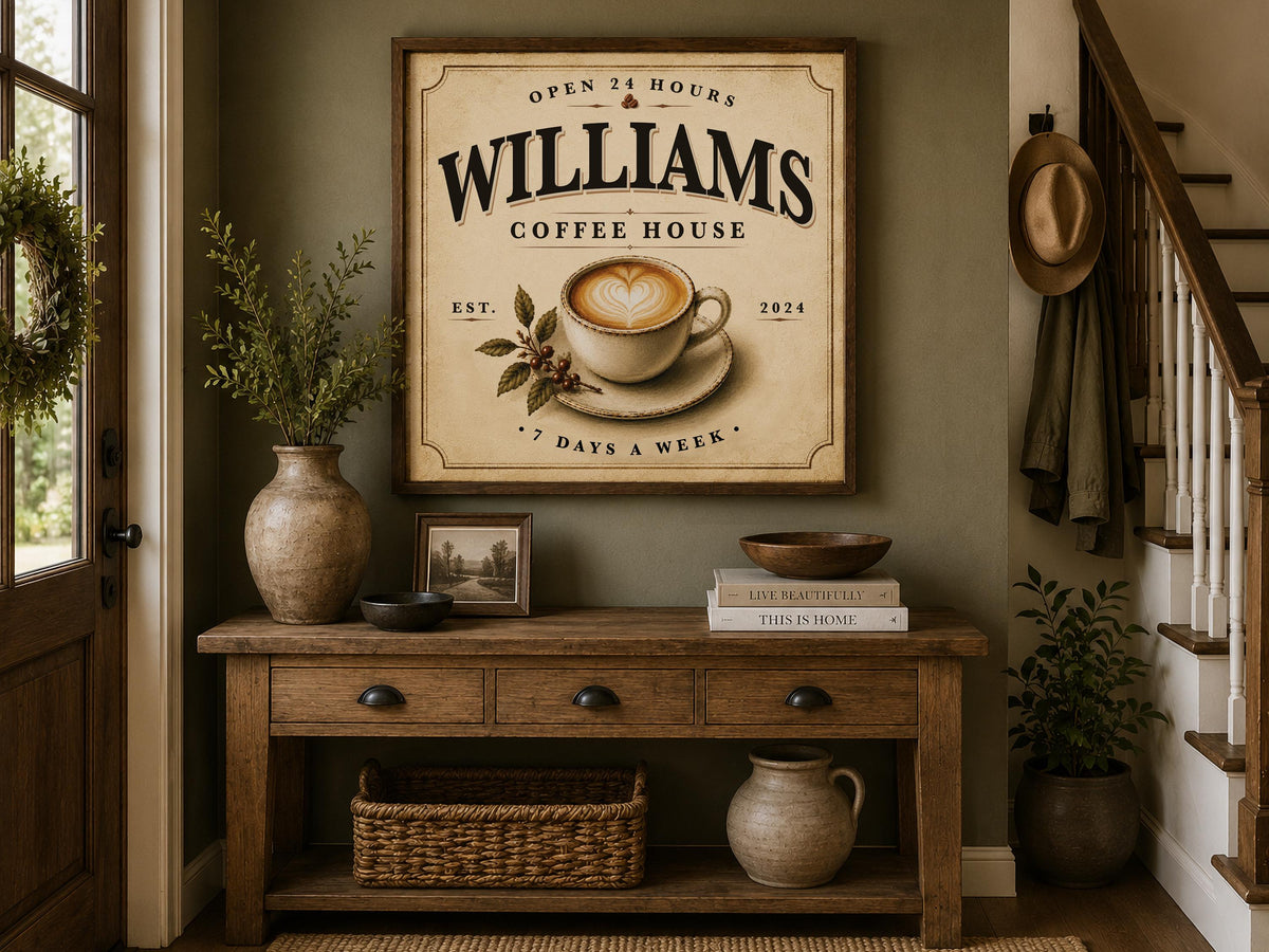 Personalized Coffee House Sign, Custom Family Name Coffee Bar Decor, Vintage Kitchen Wall Art, Framed Coffee Print, Housewarming Gift