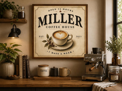 Personalized Coffee House Sign, Custom Family Name Coffee Bar Decor, Vintage Kitchen Wall Art, Framed Coffee Print, Housewarming Gift