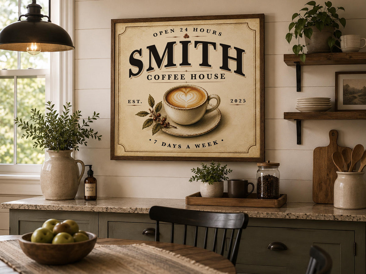 Personalized Coffee House Sign, Custom Family Name Coffee Bar Decor, Vintage Kitchen Wall Art, Framed Coffee Print, Housewarming Gift