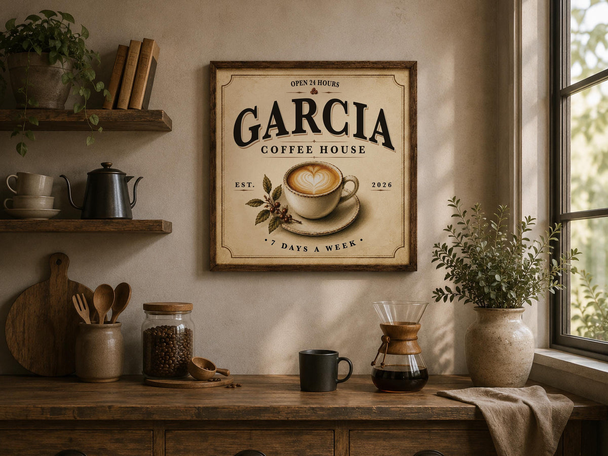 Personalized Coffee House Sign, Custom Family Name Coffee Bar Decor, Vintage Kitchen Wall Art, Framed Coffee Print, Housewarming Gift