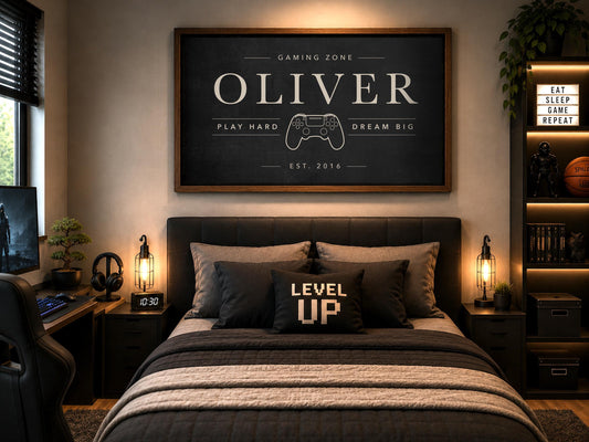 Personalized Gaming Room Sign | Custom Gamer Name Wall Art | Gaming Zone Decor for Boys Bedroom | Modern Framed Game Room Print | Teen Gift