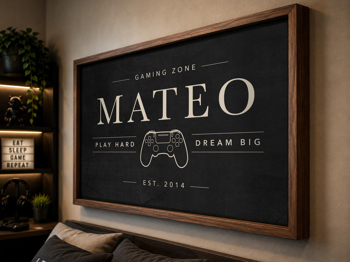 Personalized Gaming Room Sign | Custom Gamer Name Wall Art | Gaming Zone Decor for Boys Bedroom | Modern Framed Game Room Print | Teen Gift
