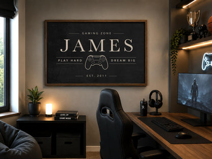 Personalized Gaming Room Sign | Custom Gamer Name Wall Art | Gaming Zone Decor for Boys Bedroom | Modern Framed Game Room Print | Teen Gift