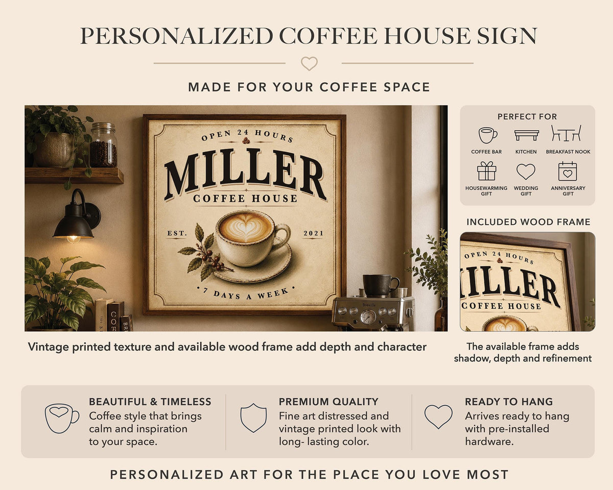 Personalized Coffee House Sign, Custom Family Name Coffee Bar Decor, Vintage Kitchen Wall Art, Framed Coffee Print, Housewarming Gift