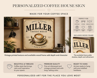 Personalized Coffee House Sign, Custom Family Name Coffee Bar Decor, Vintage Kitchen Wall Art, Framed Coffee Print, Housewarming Gift