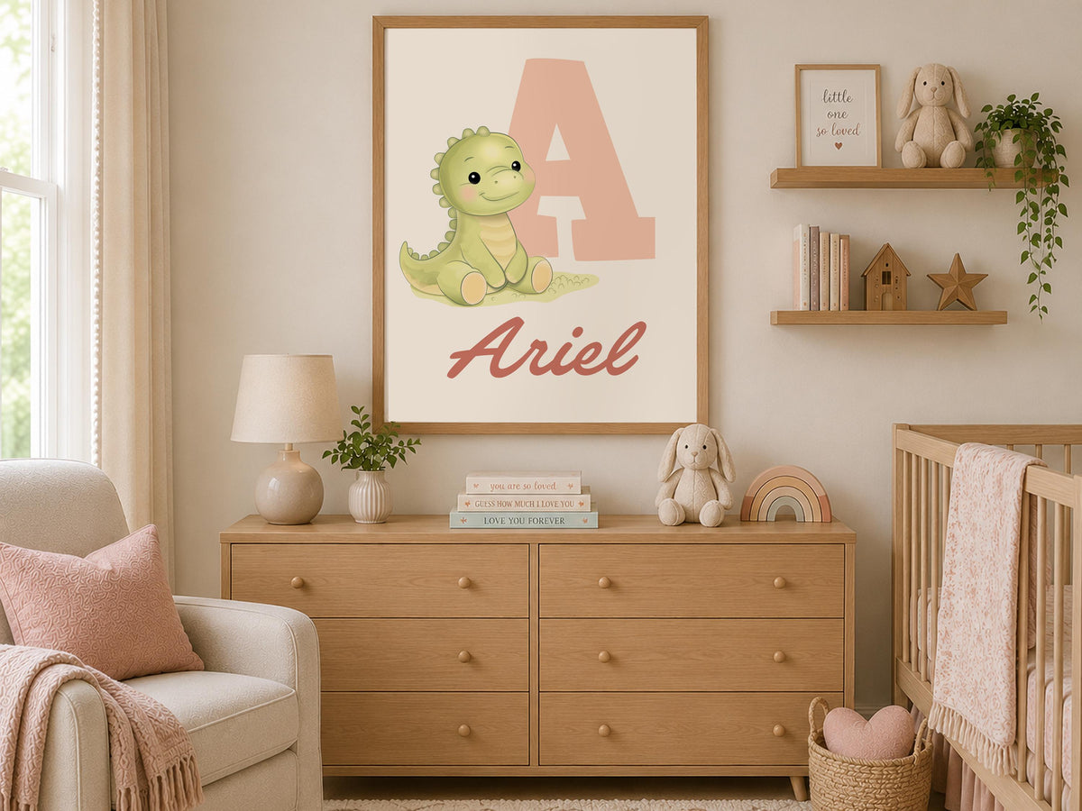 Personalized Dinosaur Nursery Wall Art, Custom Baby Name Print, Baby Boy or Girl Room Decor, Dinosaur Initial Print, Framed Nursery Art