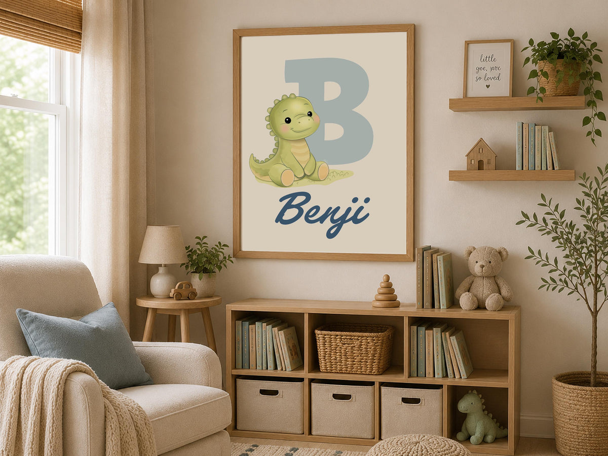 Personalized Dinosaur Nursery Wall Art, Custom Baby Name Print, Baby Boy or Girl Room Decor, Dinosaur Initial Print, Framed Nursery Art
