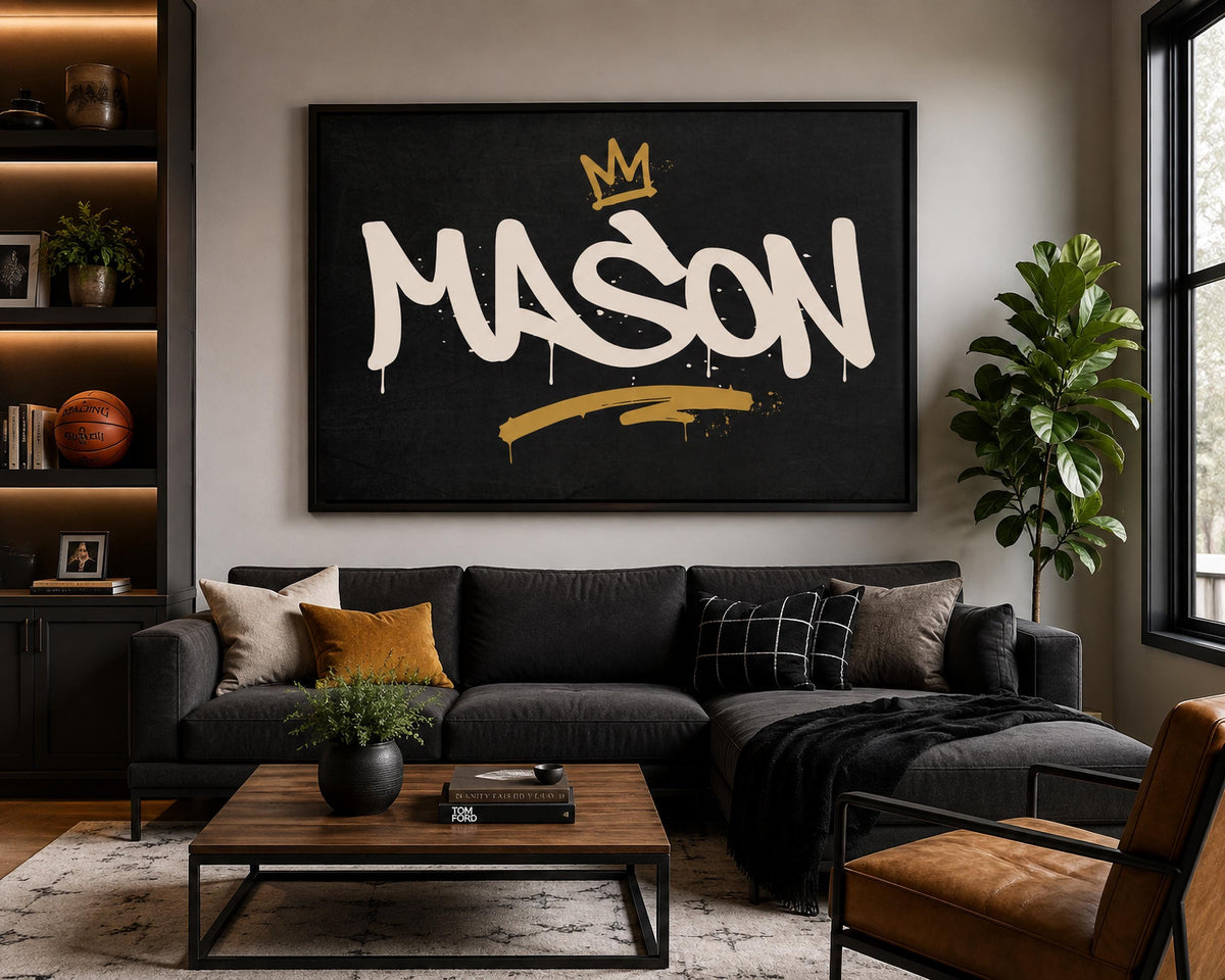 Framed Personalized Graffiti Name Art, Custom Boys Room Wall Decor, Crown Name Print, Teen Bedroom Art, Street Art Gift