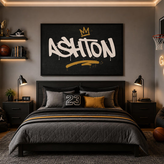 Framed Personalized Graffiti Name Art, Custom Boys Room Wall Decor, Crown Name Print, Teen Bedroom Art, Street Art Gift