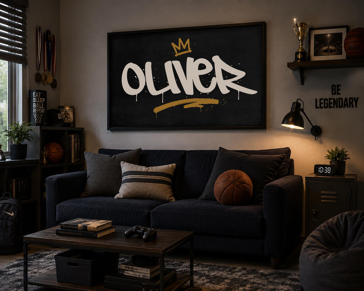 Framed Personalized Graffiti Name Art, Custom Boys Room Wall Decor, Crown Name Print, Teen Bedroom Art, Street Art Gift