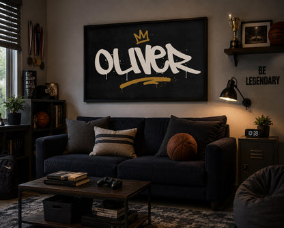 Framed Personalized Graffiti Name Art, Custom Boys Room Wall Decor, Crown Name Print, Teen Bedroom Art, Street Art Gift