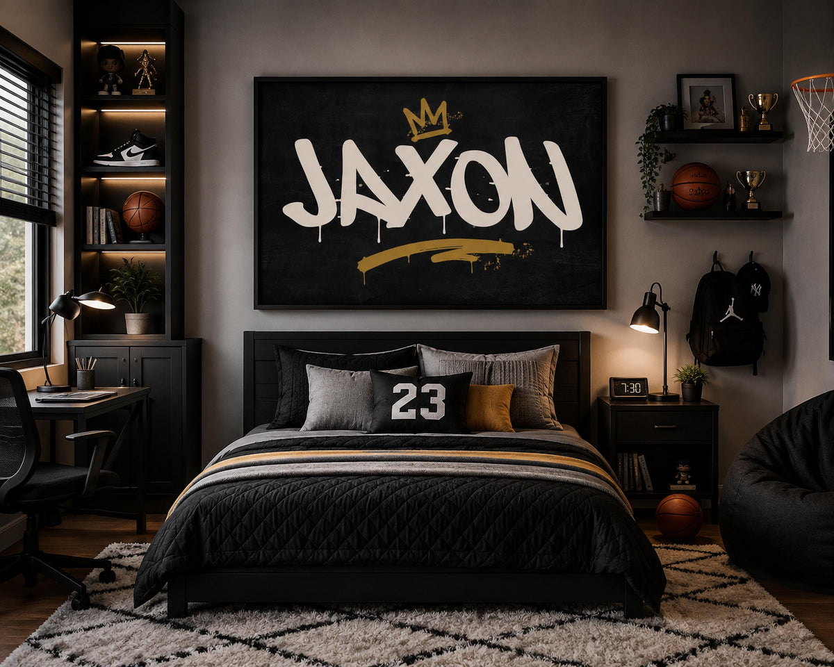Framed Personalized Graffiti Name Art, Custom Boys Room Wall Decor, Crown Name Print, Teen Bedroom Art, Street Art Gift