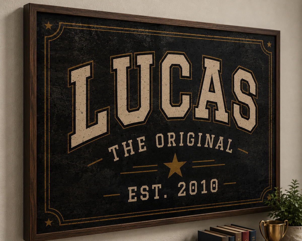 Personalized Collegiate Name Sign, Vintage Varsity Wall Art, Custom Boys Room Decor, Sports Inspired Framed Name Print