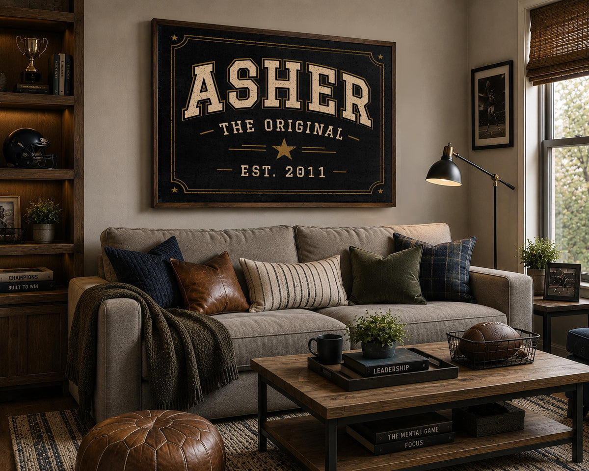 Personalized Collegiate Name Sign, Vintage Varsity Wall Art, Custom Boys Room Decor, Sports Inspired Framed Name Print