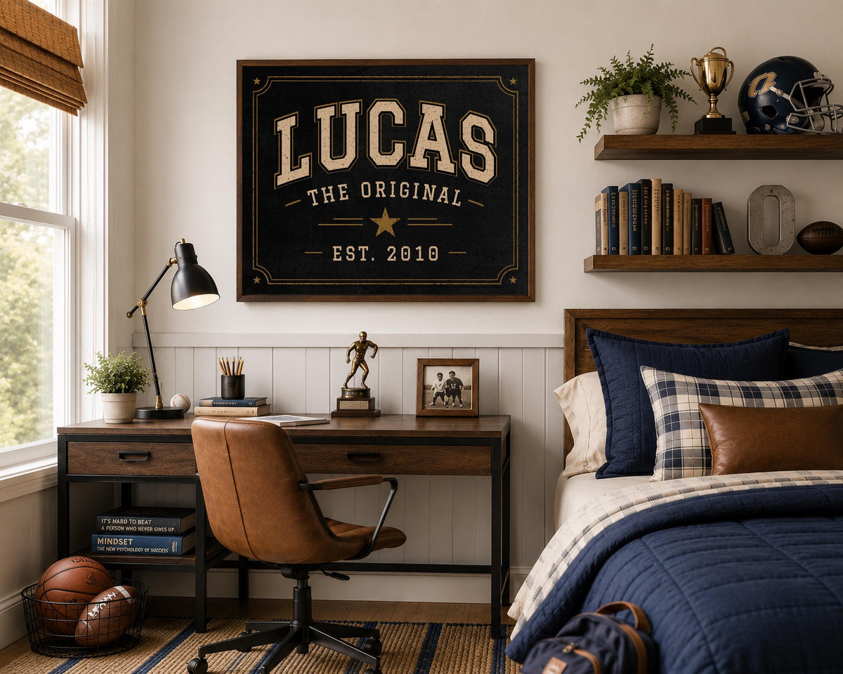 Personalized Collegiate Name Sign, Vintage Varsity Wall Art, Custom Boys Room Decor, Sports Inspired Framed Name Print