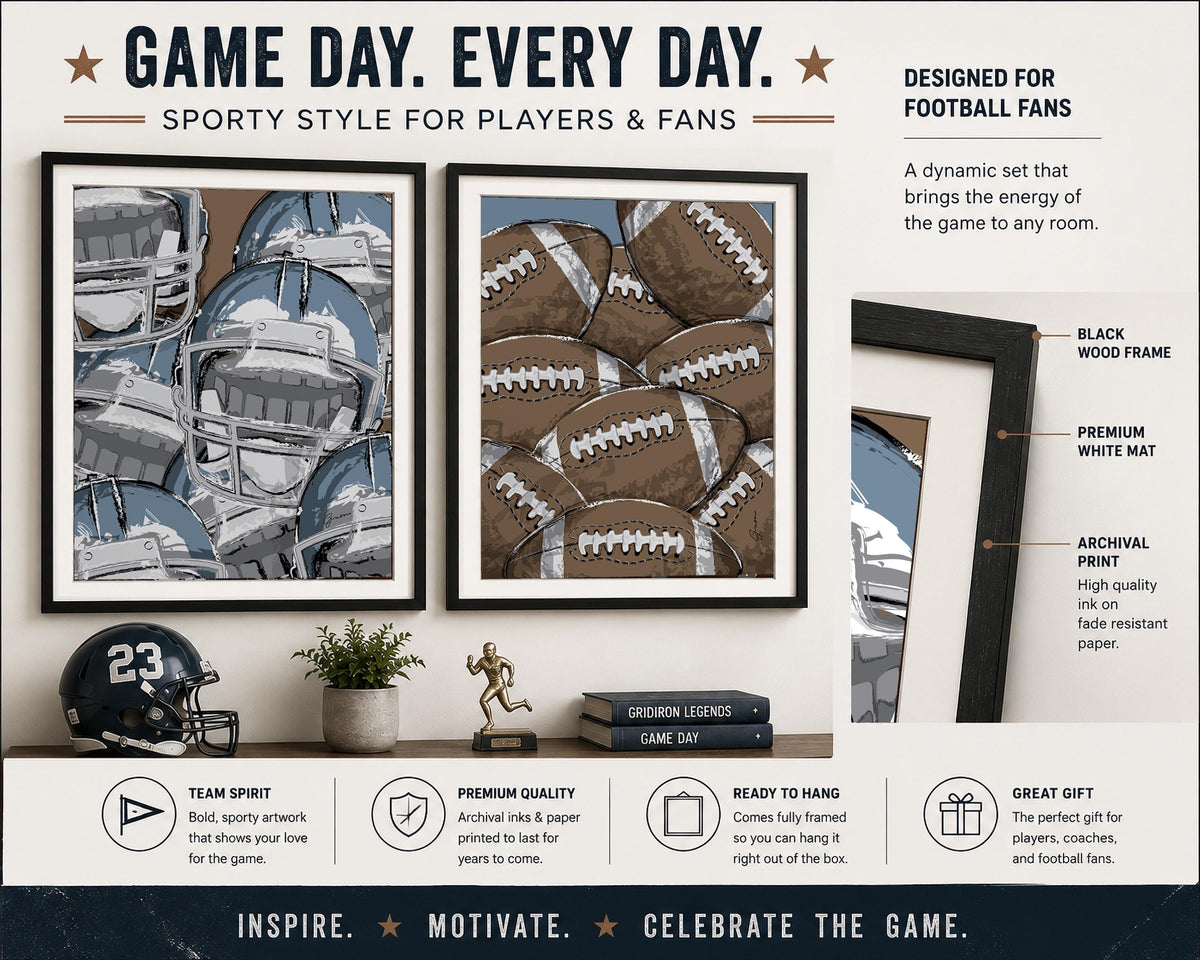 Framed Football Wall Art Set, Football Bedroom Decor, Boys Sports Room Art, Teen Boy Wall Decor, Matted Football Prints