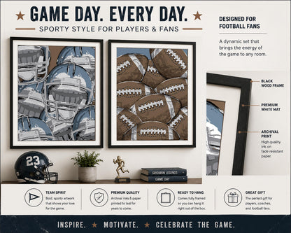 Framed Football Wall Art Set, Football Bedroom Decor, Boys Sports Room Art, Teen Boy Wall Decor, Matted Football Prints