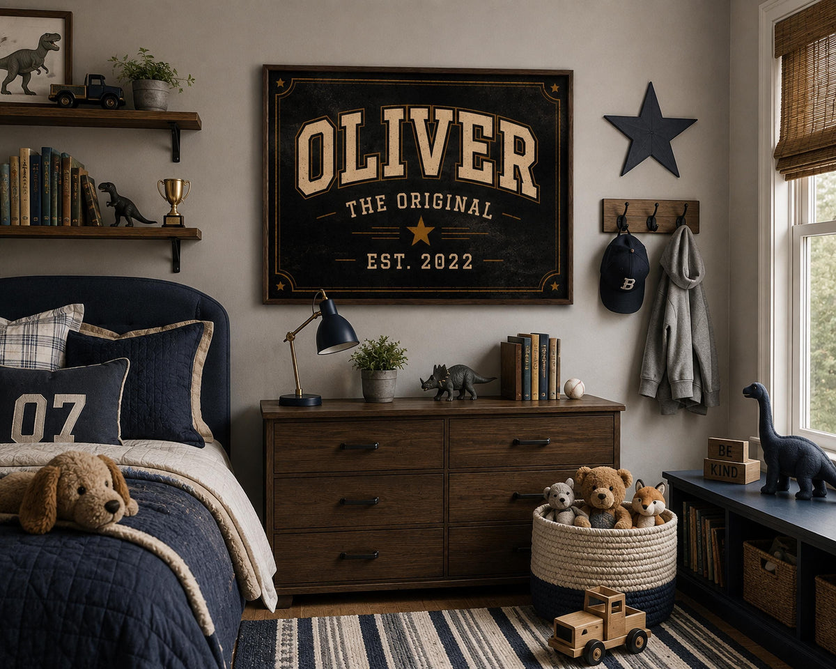 Personalized Collegiate Name Sign, Vintage Varsity Wall Art, Custom Boys Room Decor, Sports Inspired Framed Name Print
