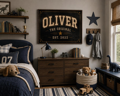 Personalized Collegiate Name Sign, Vintage Varsity Wall Art, Custom Boys Room Decor, Sports Inspired Framed Name Print