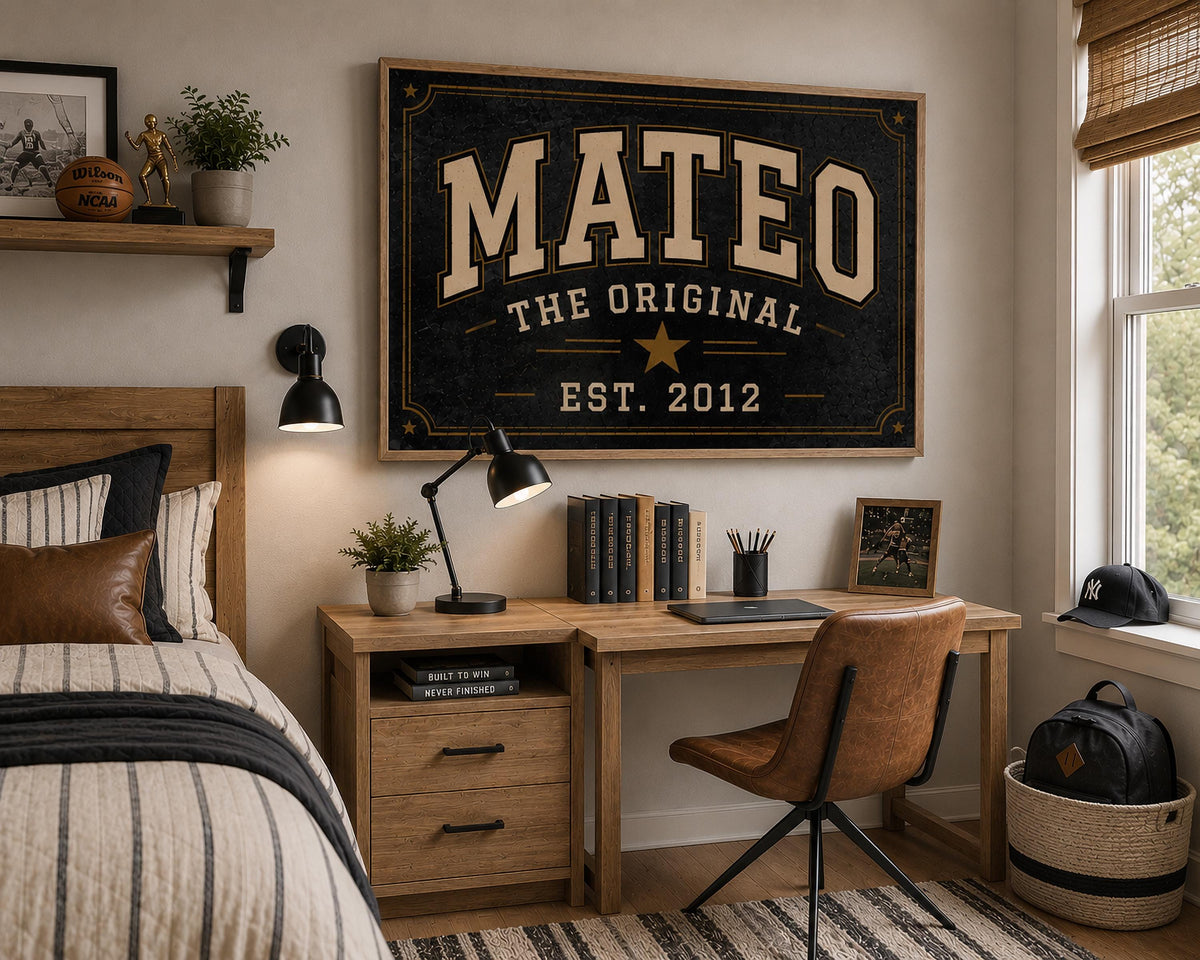 Personalized Collegiate Name Sign, Vintage Varsity Wall Art, Custom Boys Room Decor, Sports Inspired Framed Name Print