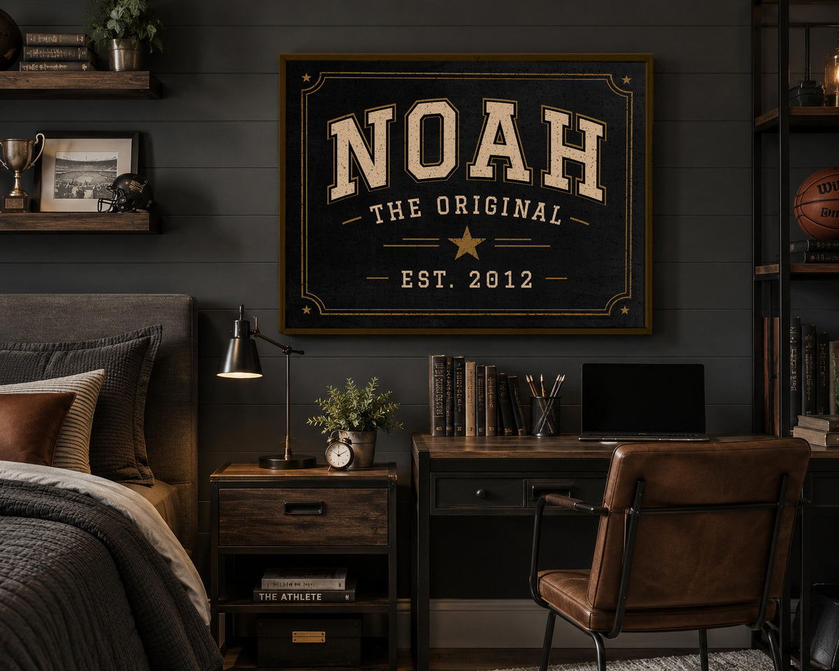 Personalized Collegiate Name Sign, Vintage Varsity Wall Art, Custom Boys Room Decor, Sports Inspired Framed Name Print