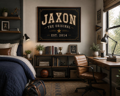 Personalized Collegiate Name Sign, Vintage Varsity Wall Art, Custom Boys Room Decor, Sports Inspired Framed Name Print