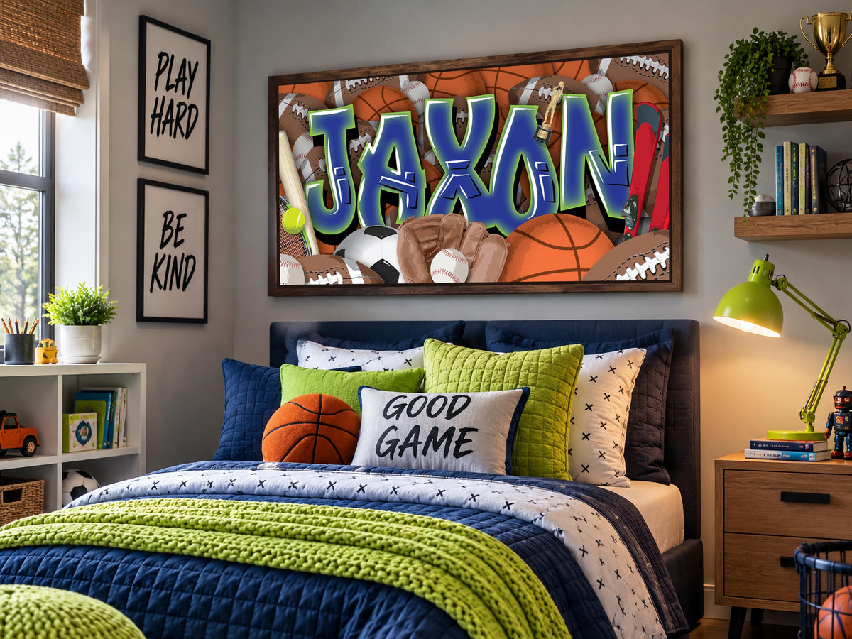 Sports Graffiti Name Custom Canvas Room Decor Wall Art Football Baseball Basketball Soccer Skiing Tennis Athletic Player Boys Design Bedroom