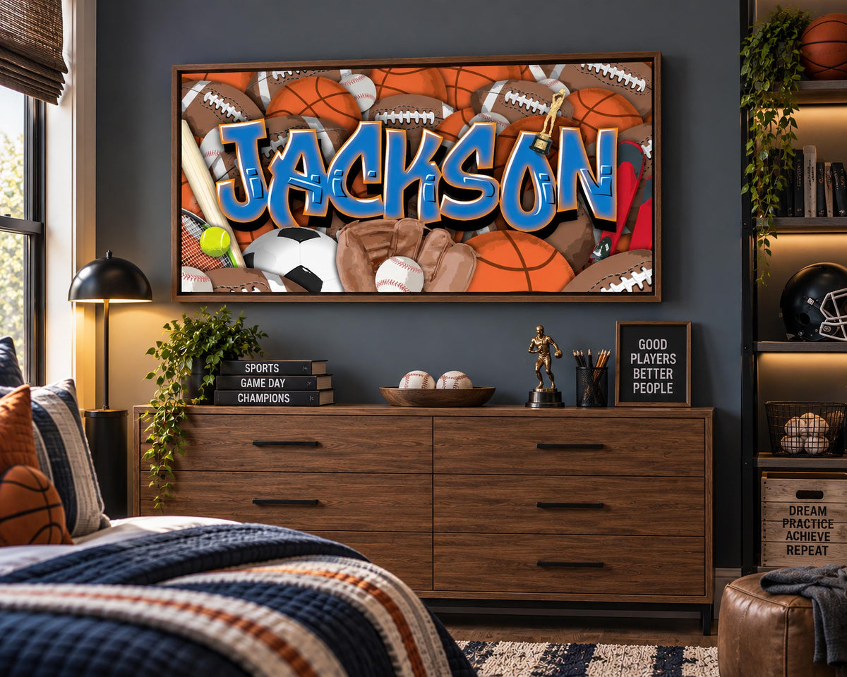 Sports Graffiti Name Custom Canvas Room Decor Wall Art Football Baseball Basketball Soccer Skiing Tennis Athletic Player Boys Design Bedroom