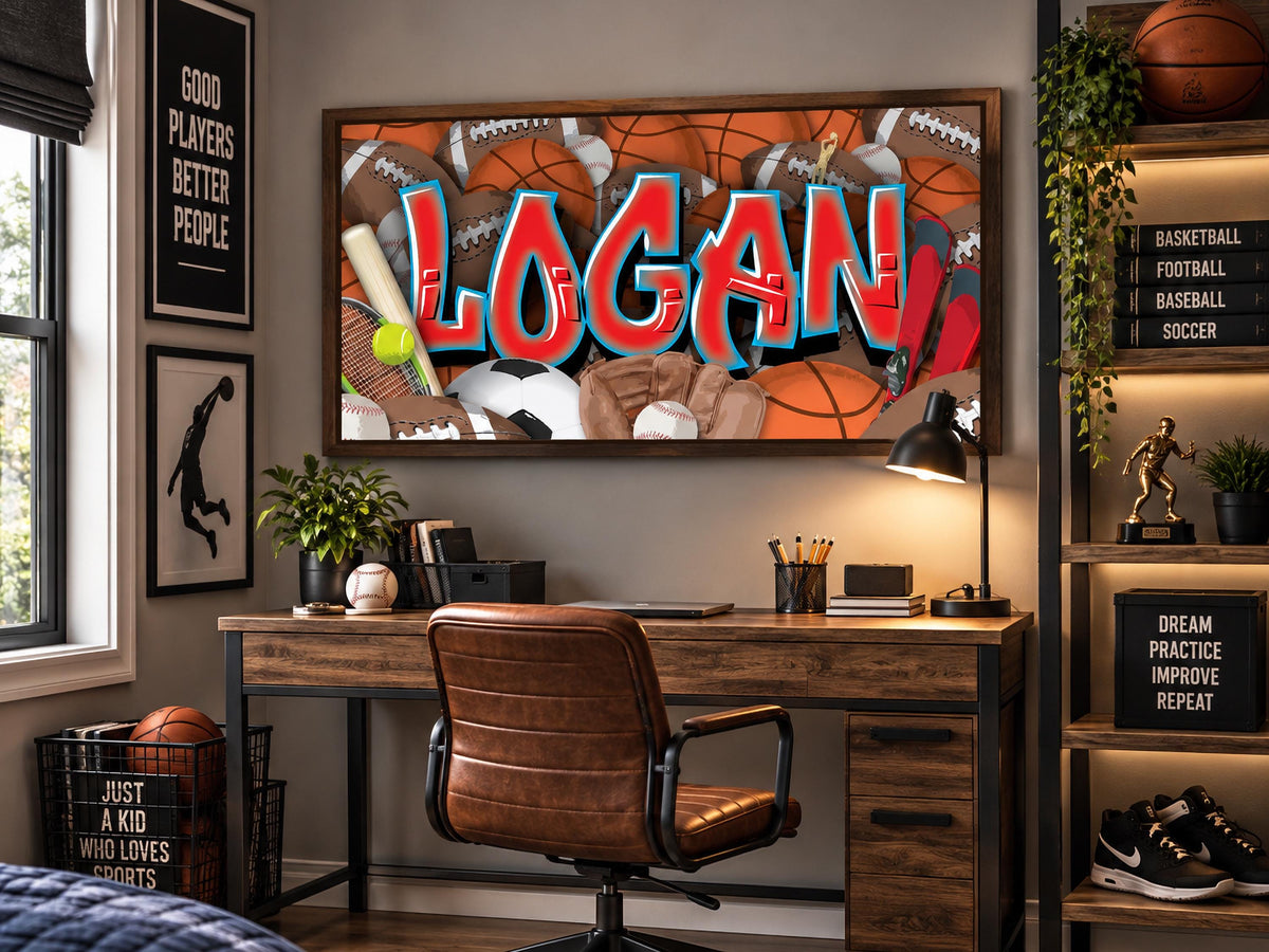 Sports Graffiti Name Custom Canvas Room Decor Wall Art Football Baseball Basketball Soccer Skiing Tennis Athletic Player Boys Design Bedroom