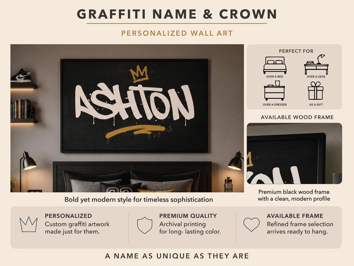 Framed Personalized Graffiti Name Art, Custom Boys Room Wall Decor, Crown Name Print, Teen Bedroom Art, Street Art Gift