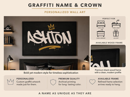 Framed Personalized Graffiti Name Art, Custom Boys Room Wall Decor, Crown Name Print, Teen Bedroom Art, Street Art Gift
