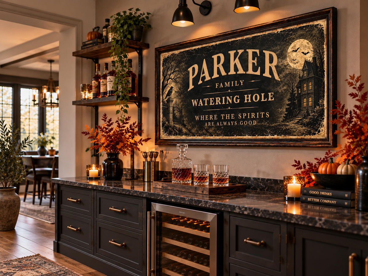 Personalized Halloween Bar Sign, Custom Family Name Wall Art, Haunted House Watering Hole Sign, Framed Halloween Decor