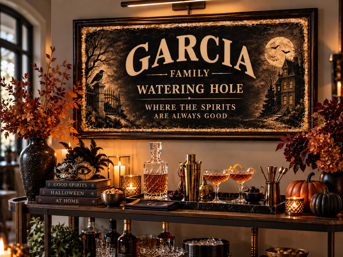 Personalized Halloween Bar Sign, Custom Family Name Wall Art, Haunted House Watering Hole Sign, Framed Halloween Decor