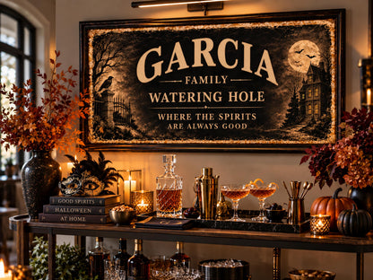 Personalized Halloween Bar Sign, Custom Family Name Wall Art, Haunted House Watering Hole Sign, Framed Halloween Decor