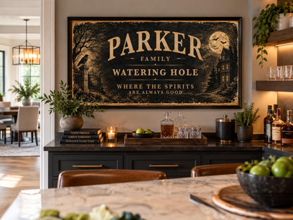 Personalized Halloween Bar Sign, Custom Family Name Wall Art, Haunted House Watering Hole Sign, Framed Halloween Decor